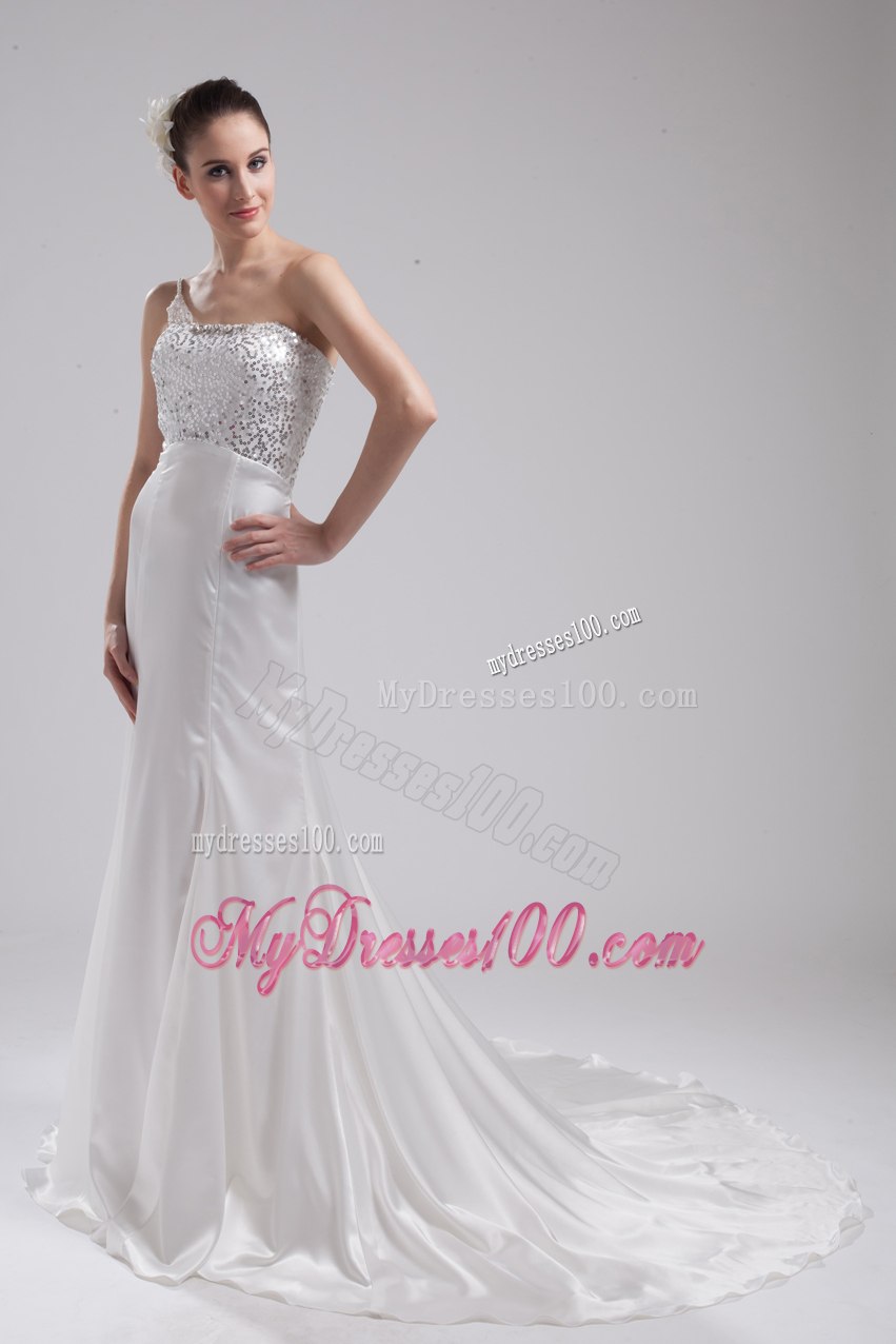 A-line One Shoulder Sequins Beading Wedding Dress