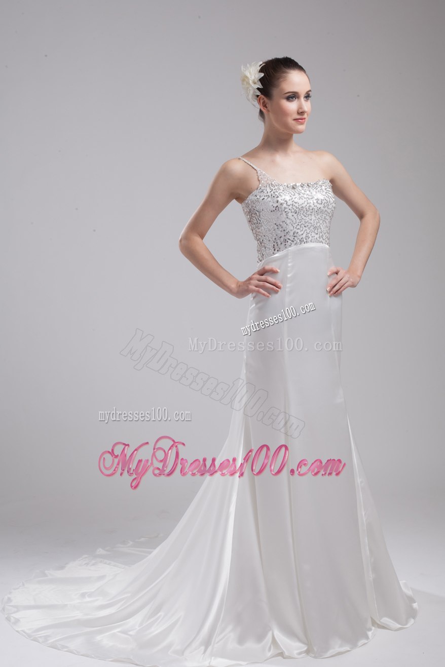 A-line One Shoulder Sequins Beading Wedding Dress