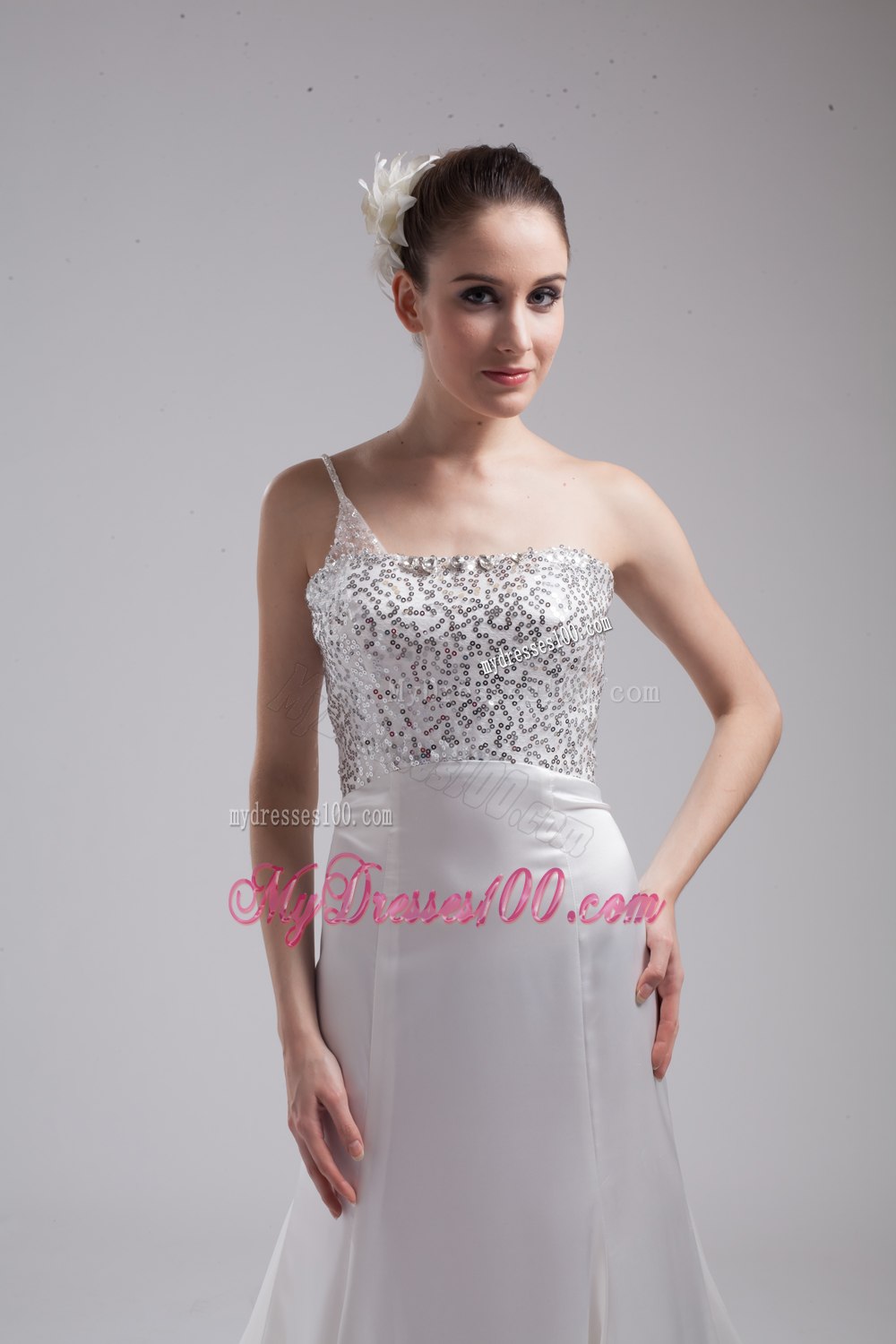A-line One Shoulder Sequins Beading Wedding Dress
