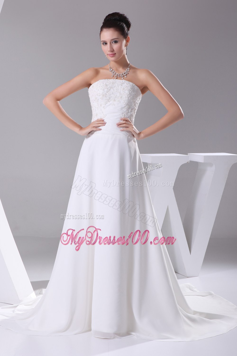 A-line Strapless Lace Court Train Wedding Dress