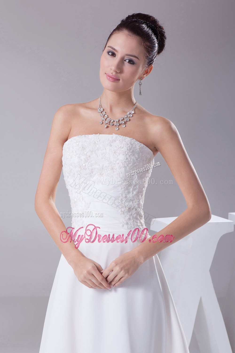 A-line Strapless Lace Court Train Wedding Dress