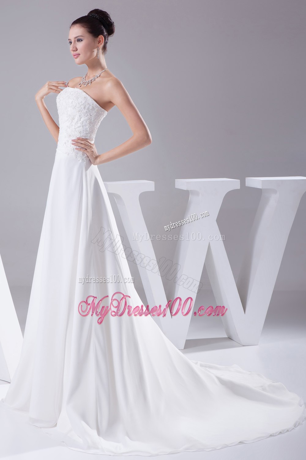 A-line Strapless Lace Court Train Wedding Dress