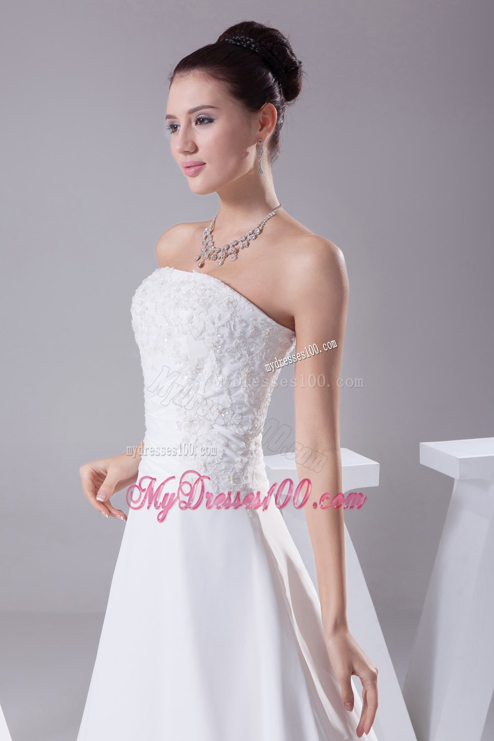 A-line Strapless Lace Court Train Wedding Dress