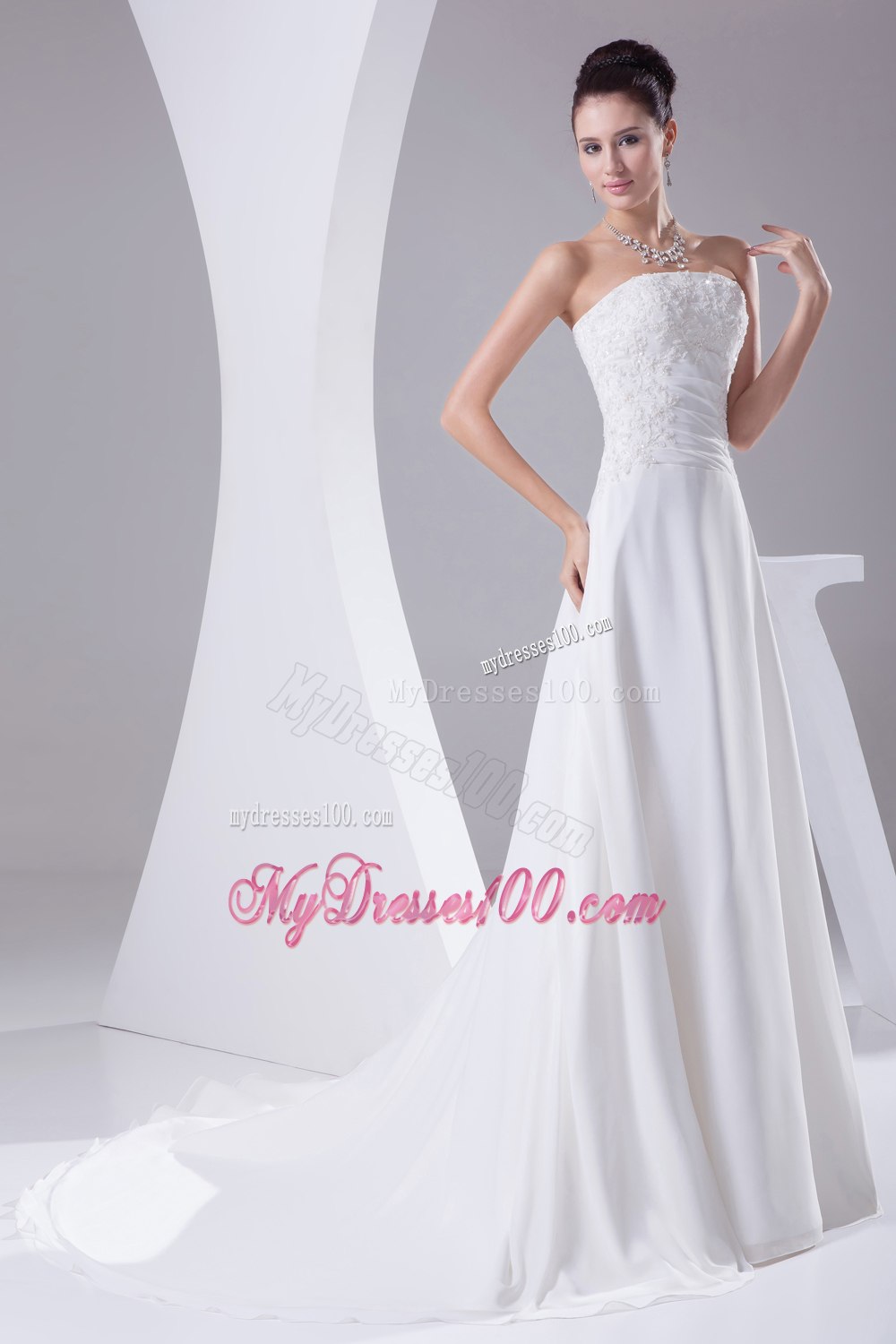 A-line Strapless Lace Court Train Wedding Dress