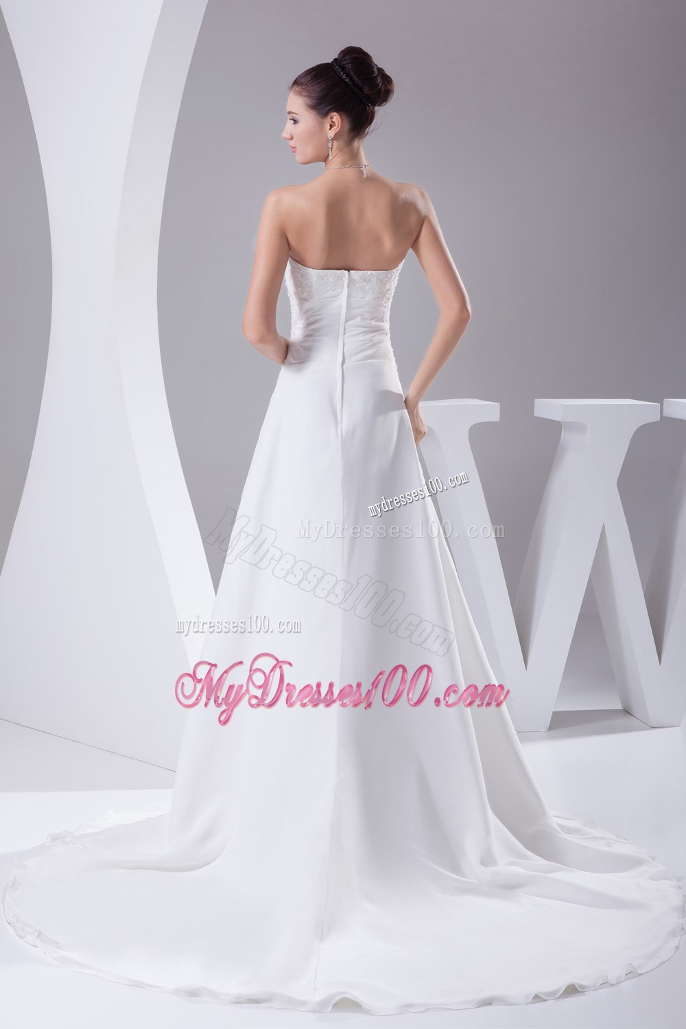 A-line Strapless Lace Court Train Wedding Dress