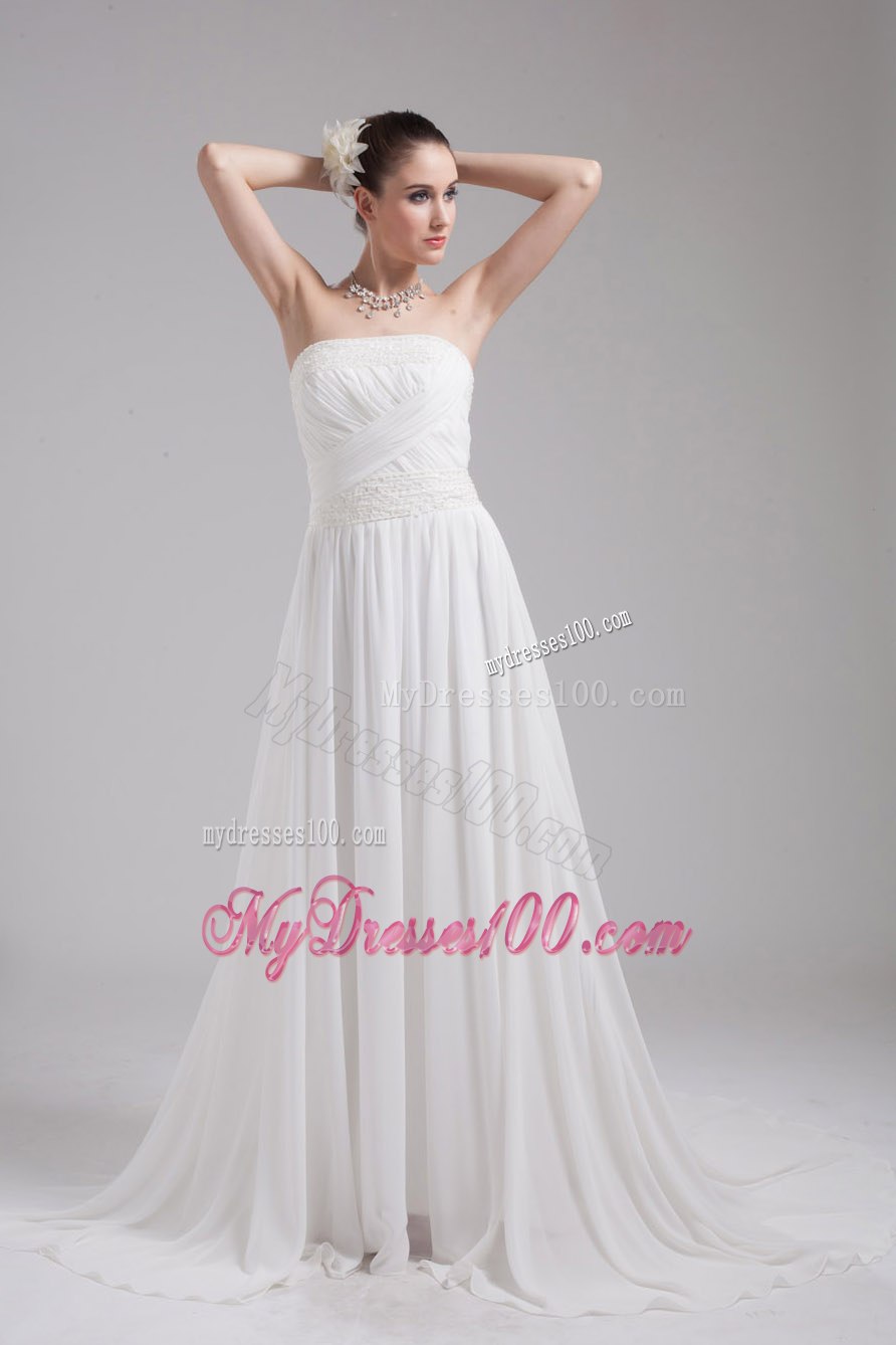 Elegant Strapless Court Train Ruching 2013 Hall Wedding Dress
