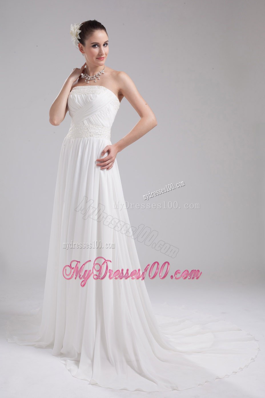 Elegant Strapless Court Train Ruching 2013 Hall Wedding Dress