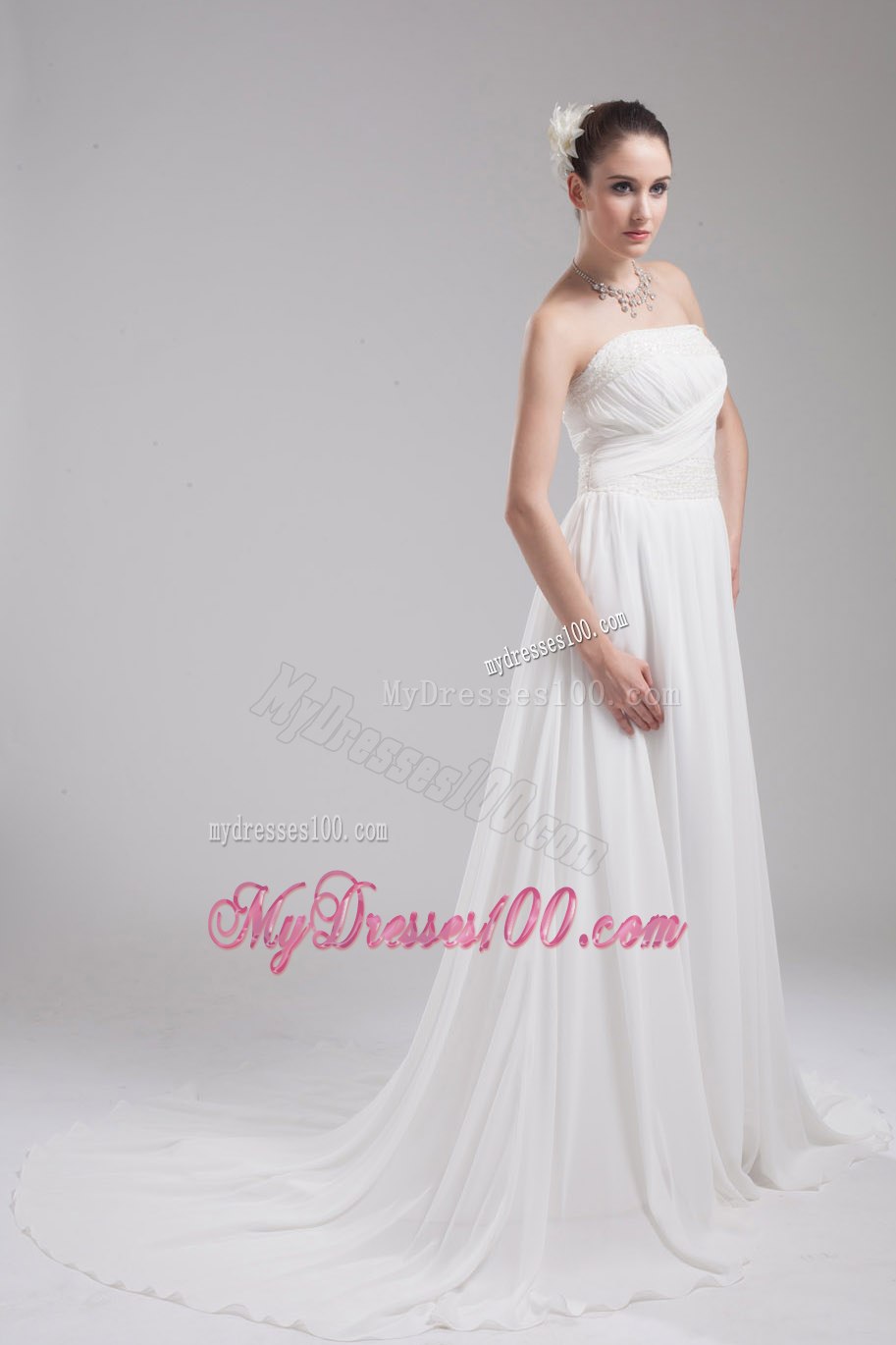 Elegant Strapless Court Train Ruching 2013 Hall Wedding Dress