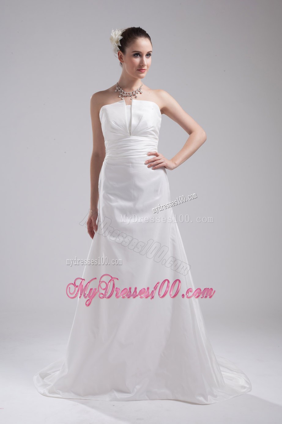 2013 Affordable Strapless Brush Train Ruching Wedding Dress
