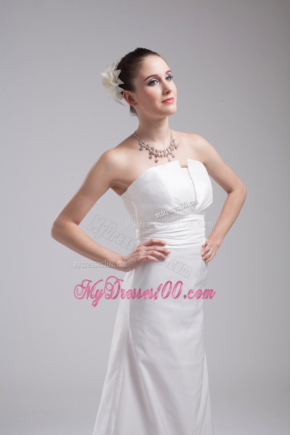 2013 Affordable Strapless Brush Train Ruching Wedding Dress