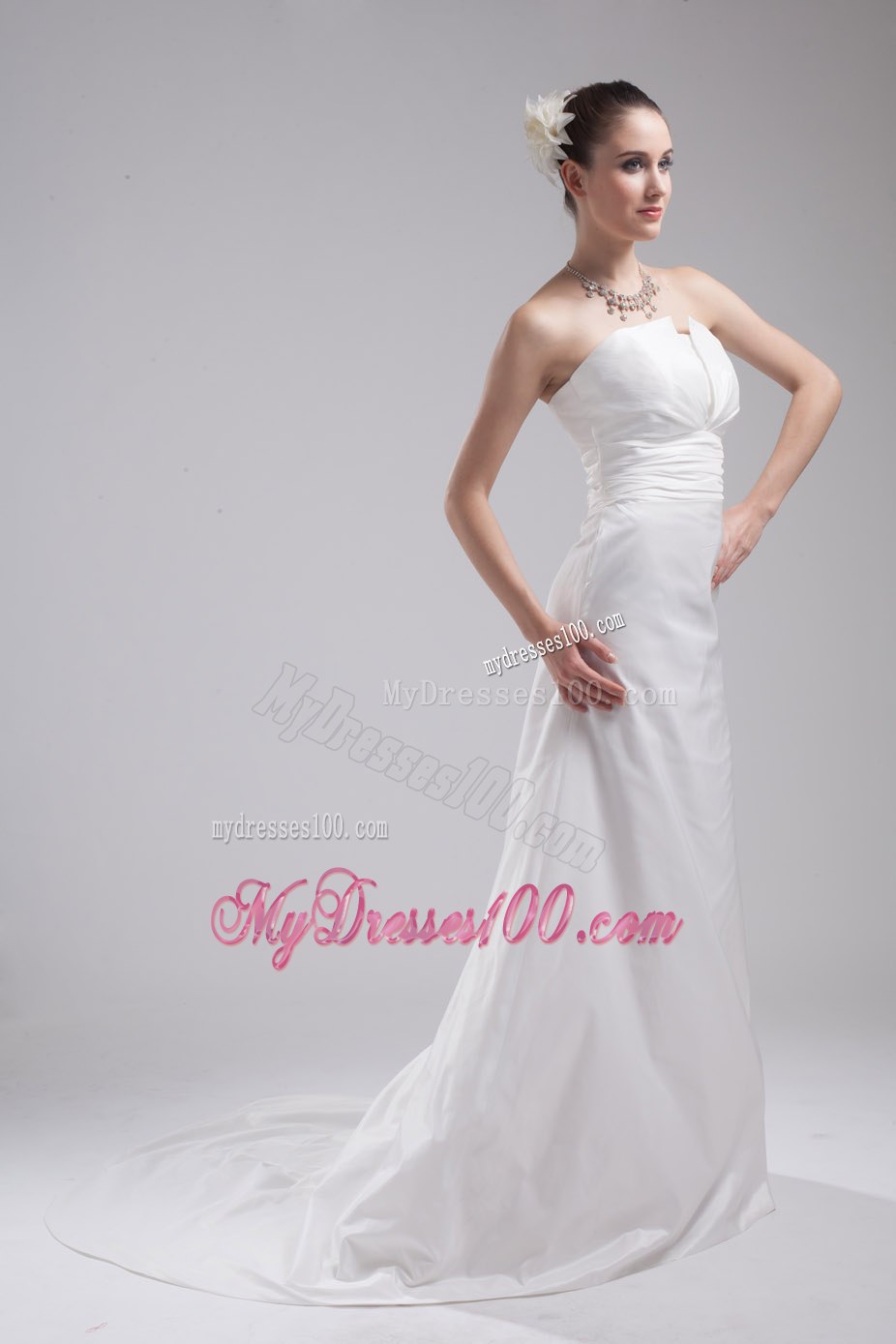 2013 Affordable Strapless Brush Train Ruching Wedding Dress