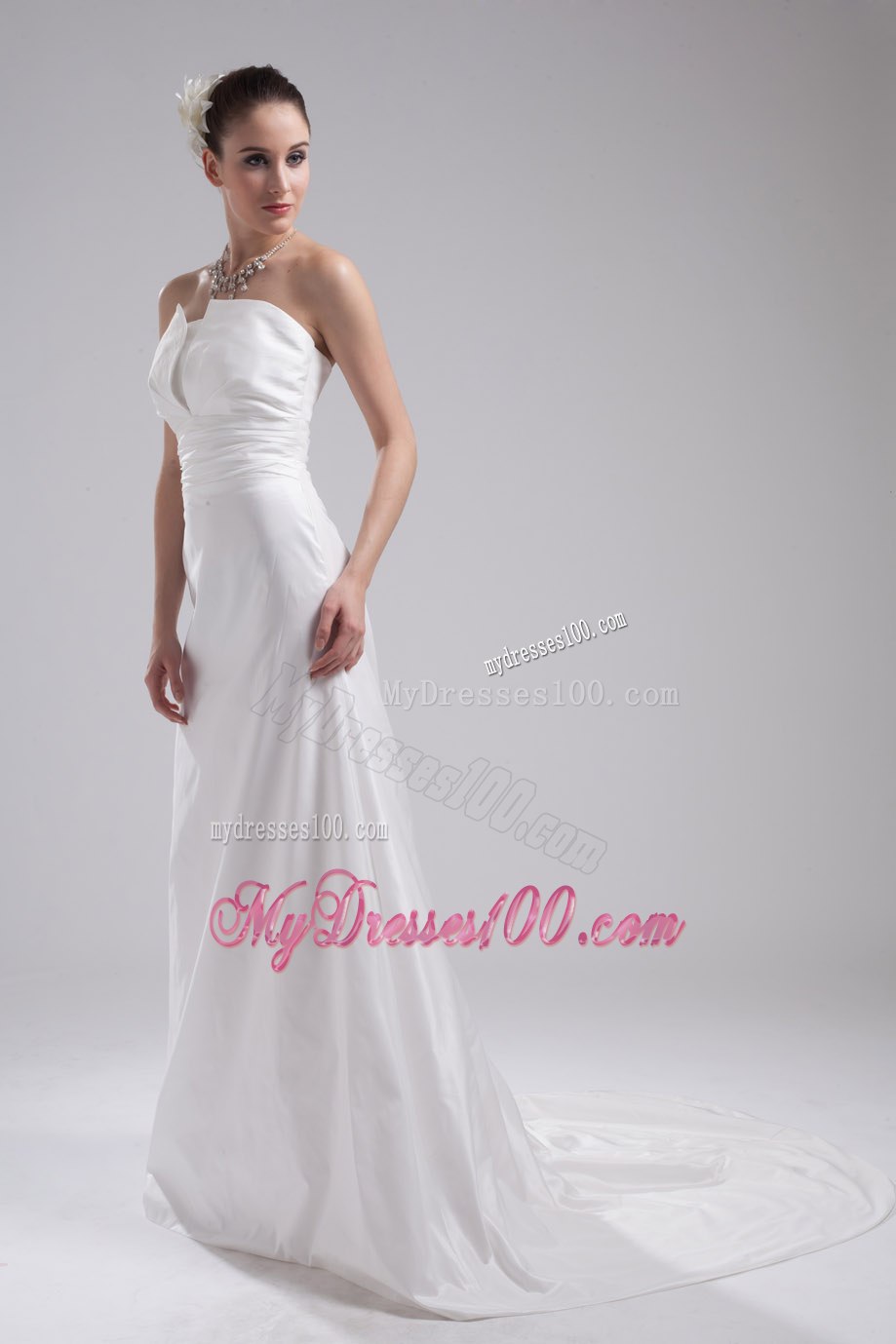 2013 Affordable Strapless Brush Train Ruching Wedding Dress