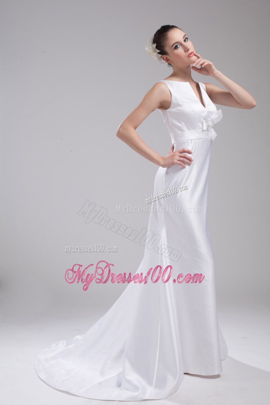 Summer V-neck Beading Hand Made Flower Wedding Dresses
