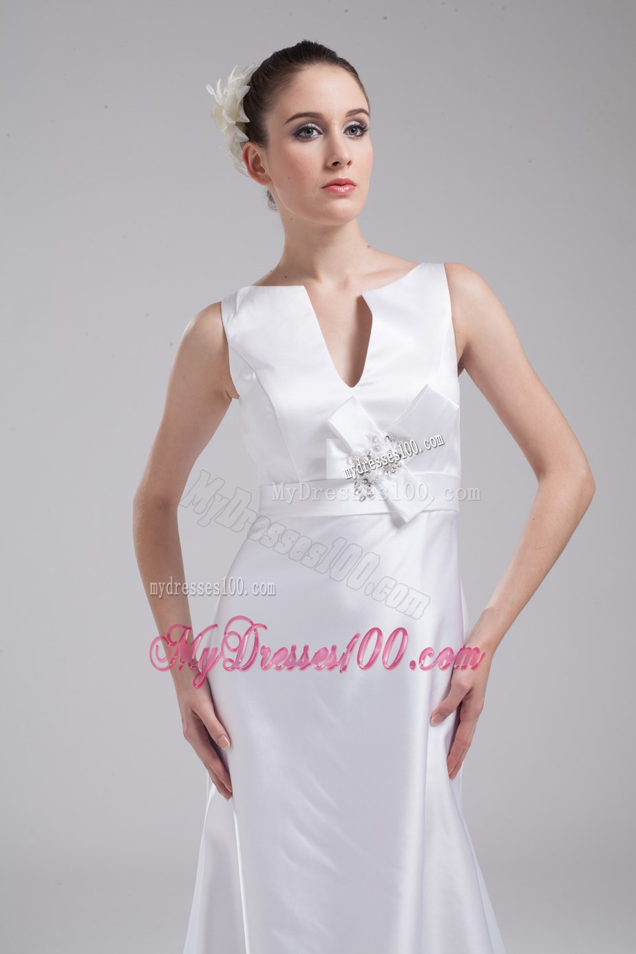 Summer V-neck Beading Hand Made Flower Wedding Dresses
