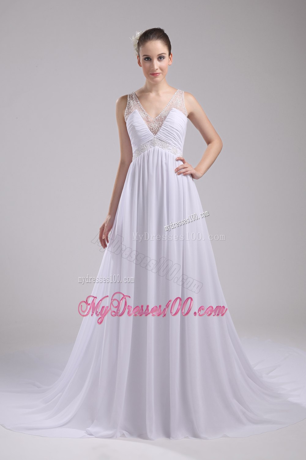 A-line V-neck Ruching Beading Wedding Dress