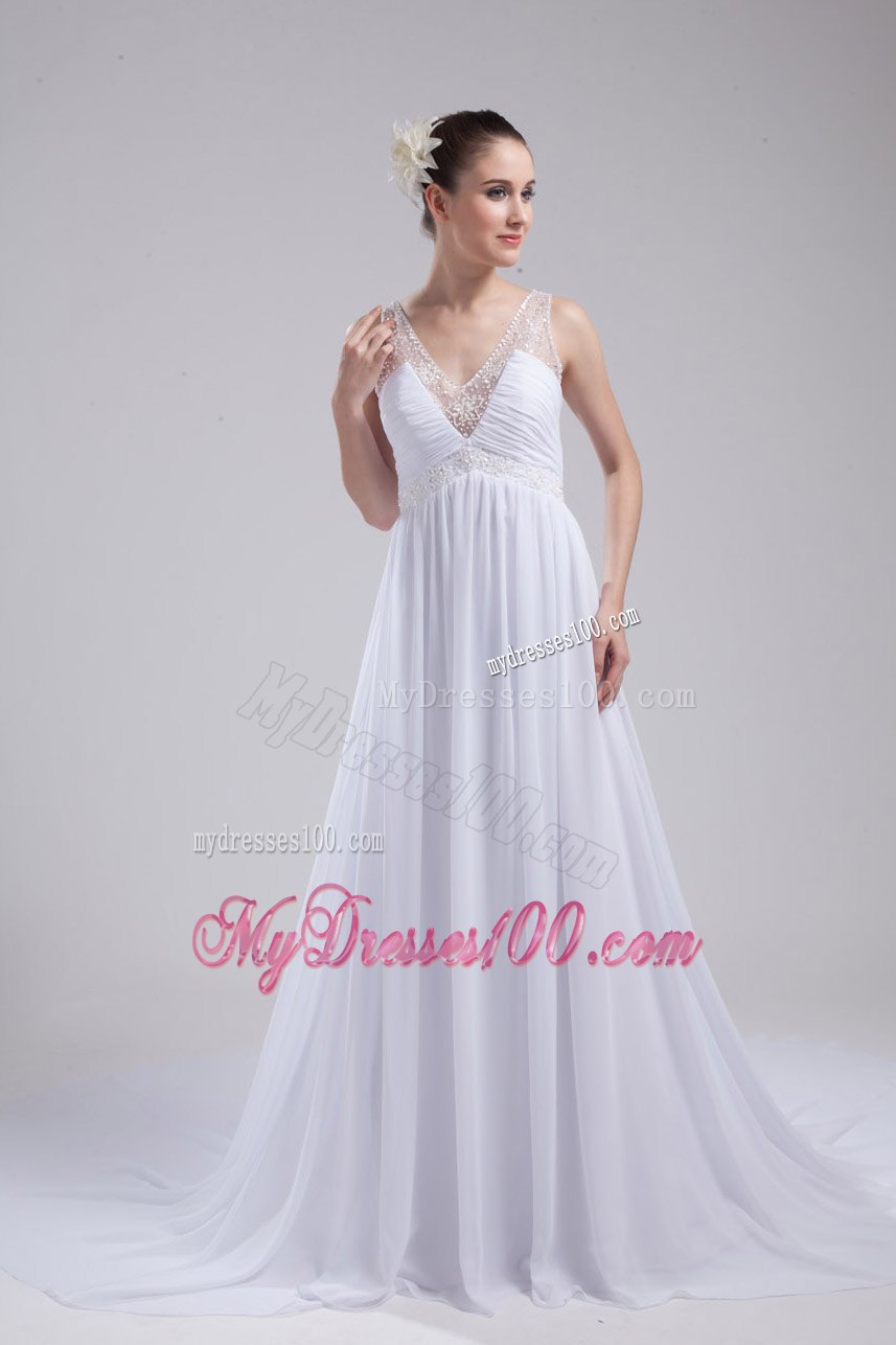 A-line V-neck Ruching Beading Wedding Dress