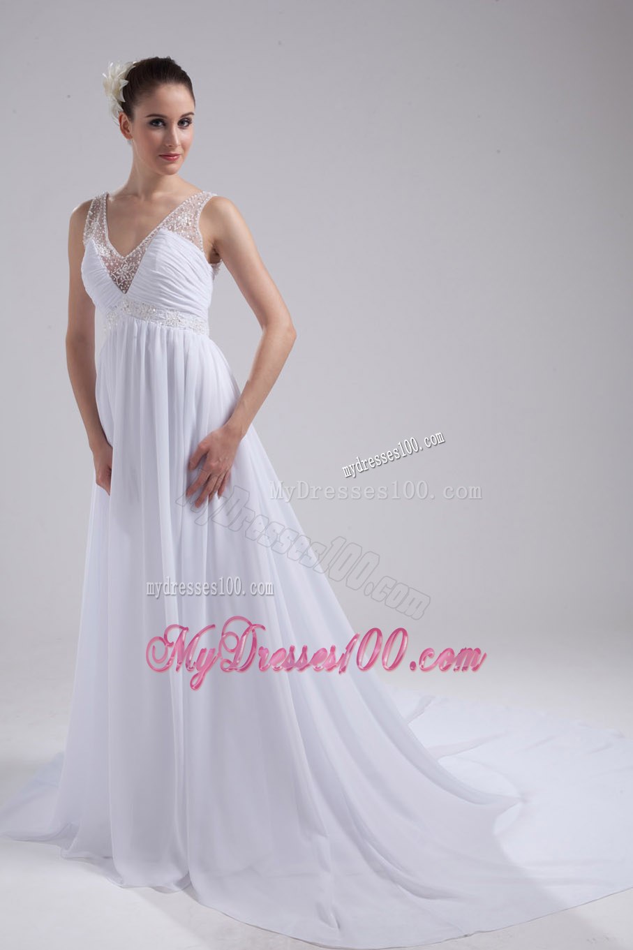 A-line V-neck Ruching Beading Wedding Dress