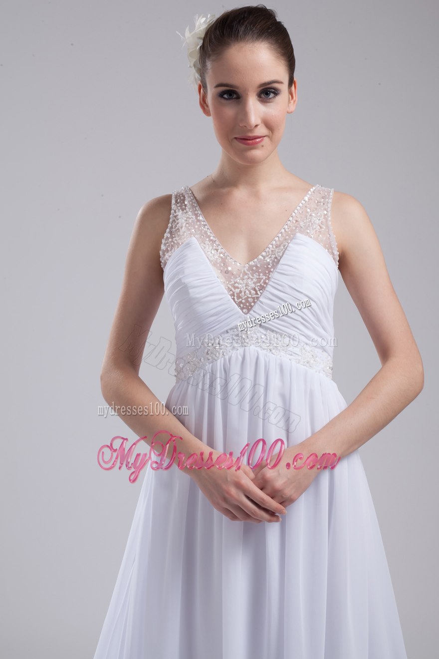 A-line V-neck Ruching Beading Wedding Dress