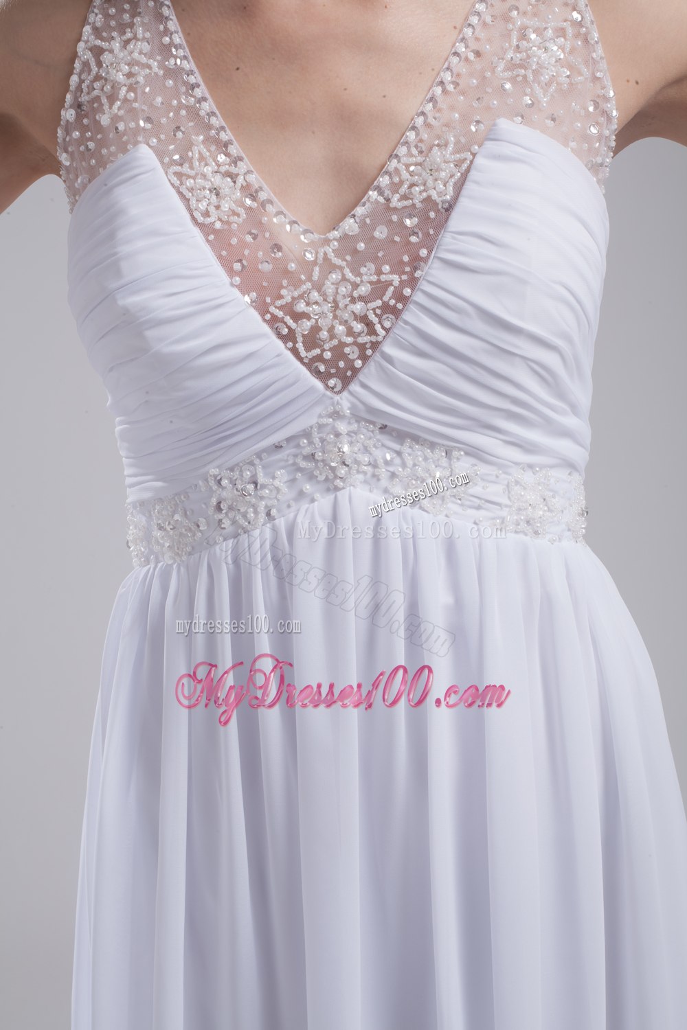A-line V-neck Ruching Beading Wedding Dress