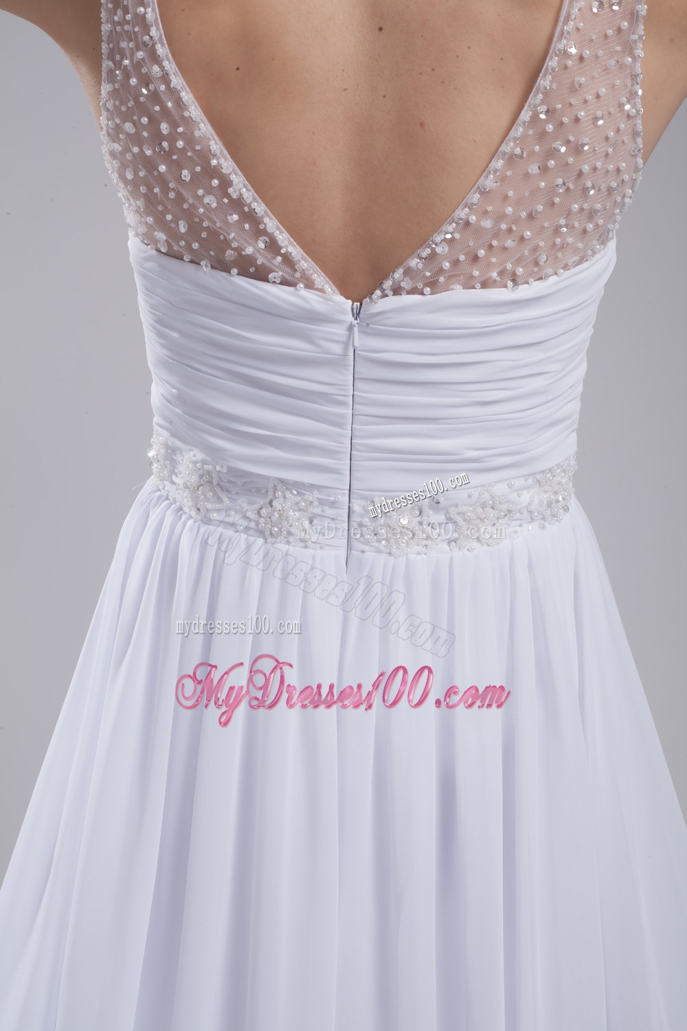 A-line V-neck Ruching Beading Wedding Dress