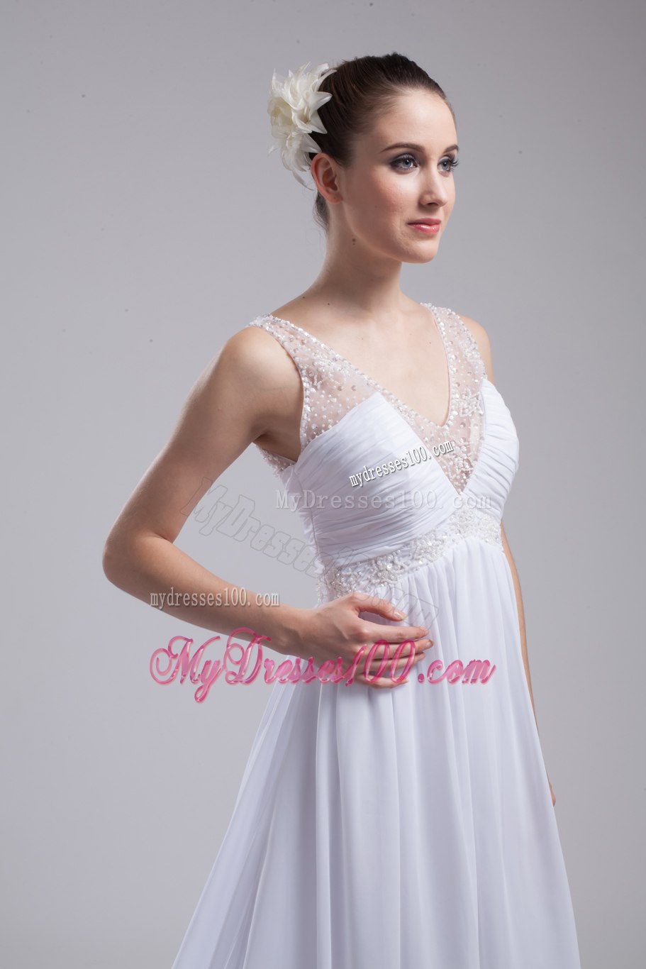 A-line V-neck Ruching Beading Wedding Dress