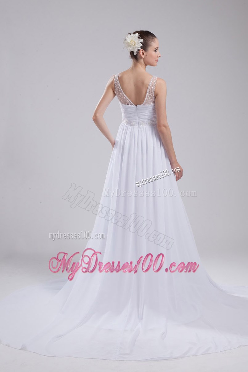 A-line V-neck Ruching Beading Wedding Dress