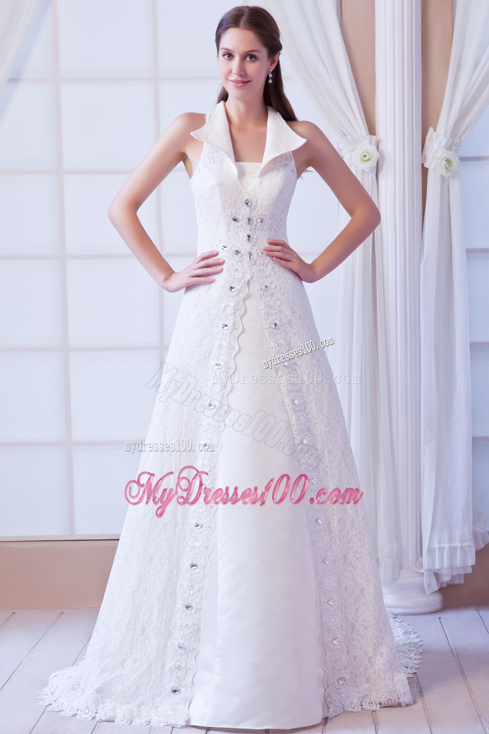 Affordable Square Court Train Lace Beading Wedding Dresses