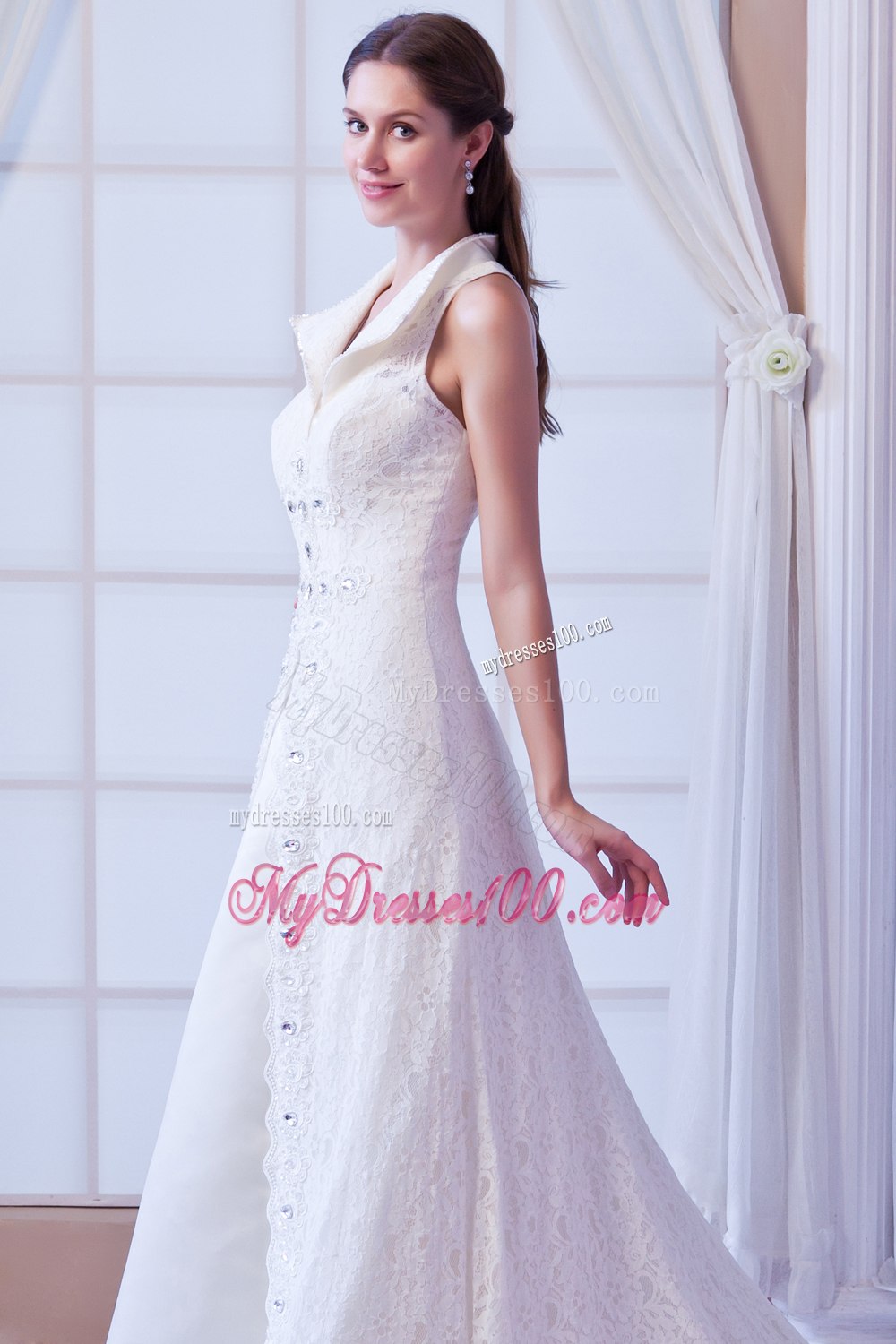 Affordable Square Court Train Lace Beading Wedding Dresses