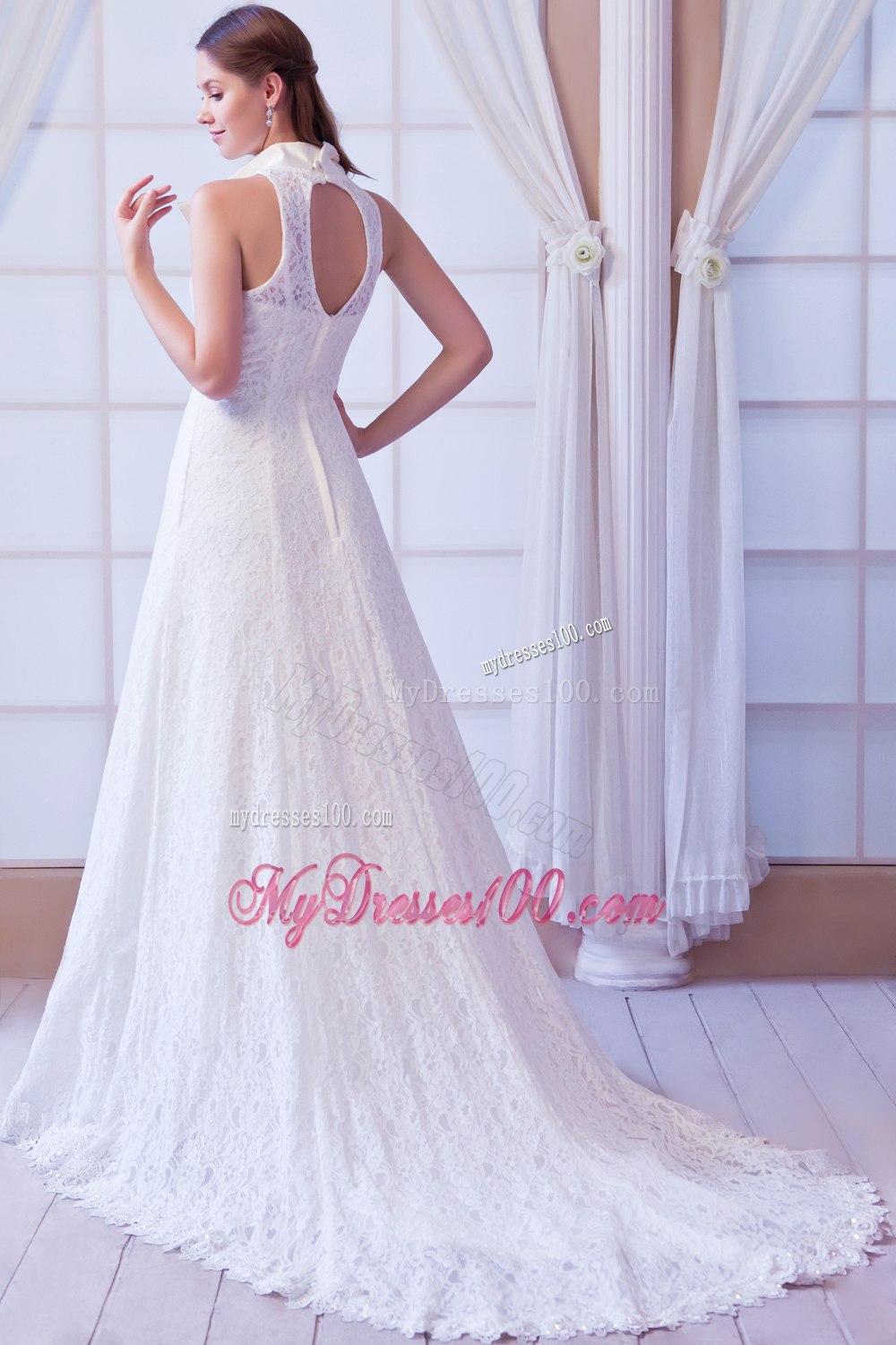 Affordable Square Court Train Lace Beading Wedding Dresses