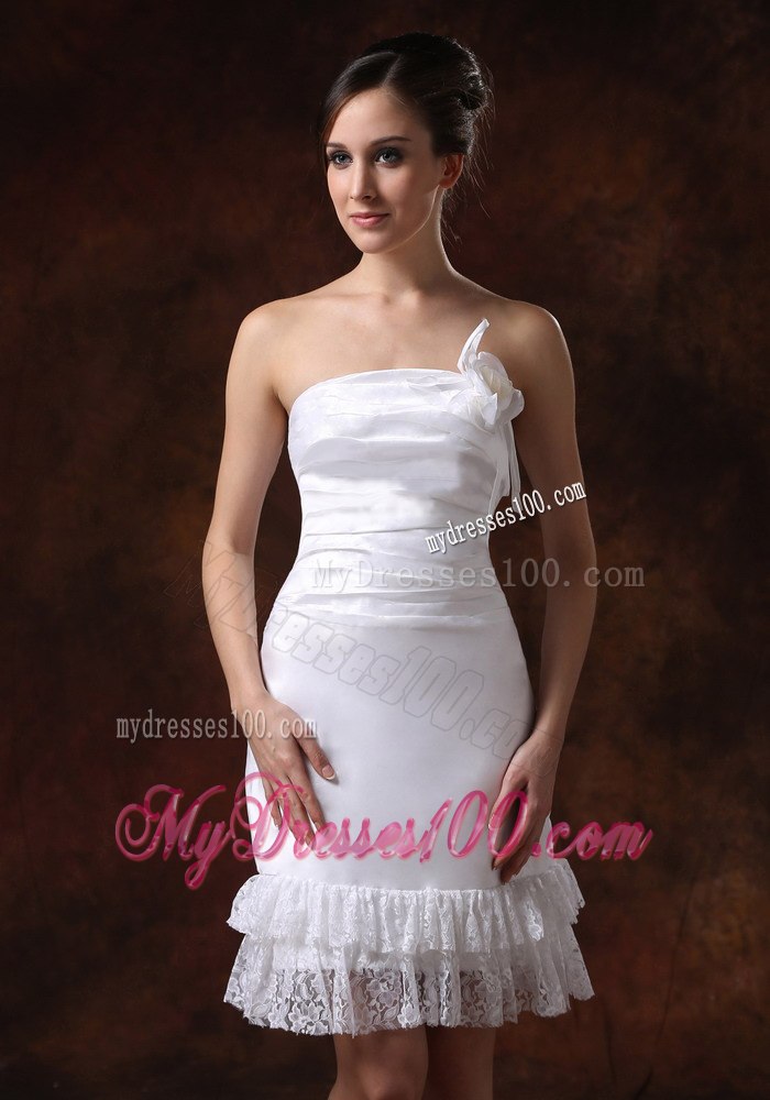 Affordable Strapless Knee-length Column Lace Beach Wedding Dresses