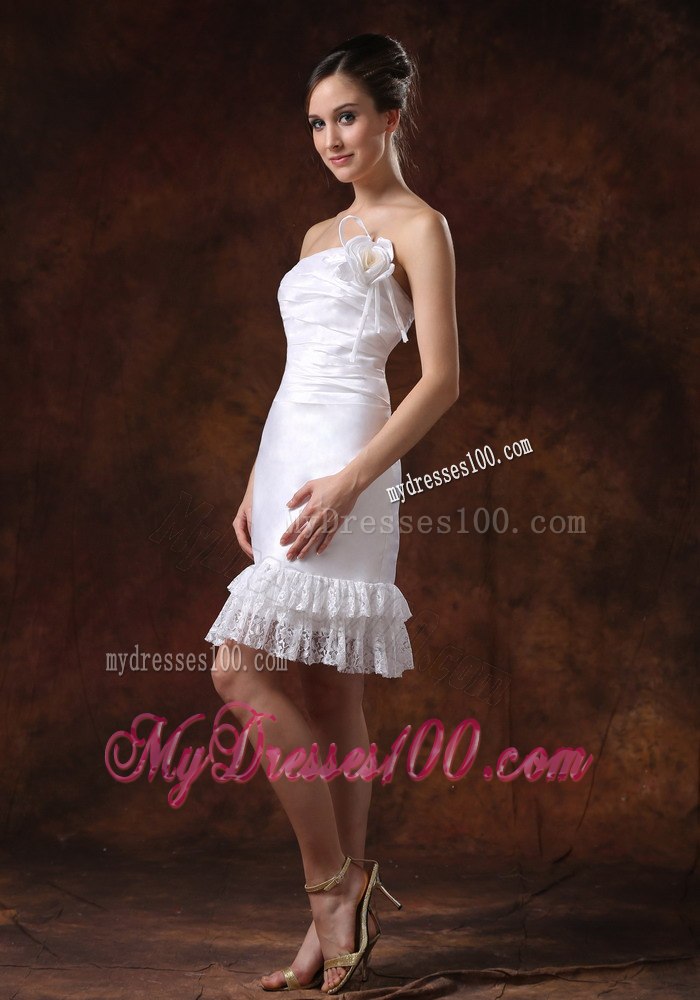 Affordable Strapless Knee-length Column Lace Beach Wedding Dresses