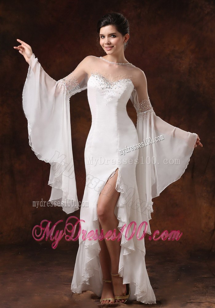 Bateau High Slit Long Sleeves and Beaded For 2013 Wedding Dress