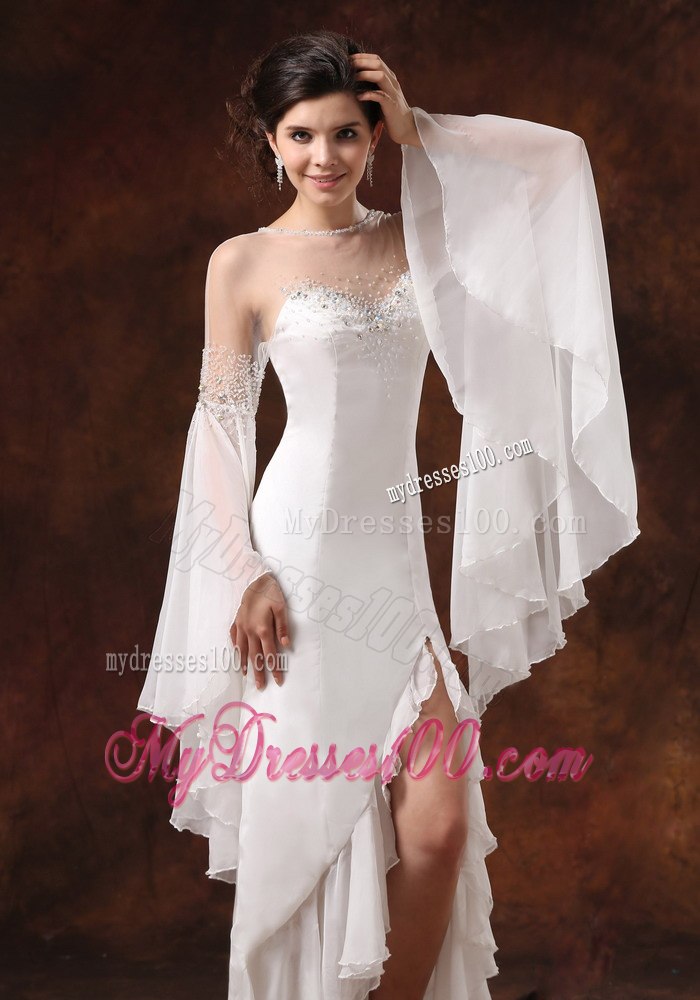 Bateau High Slit Long Sleeves and Beaded For 2013 Wedding Dress