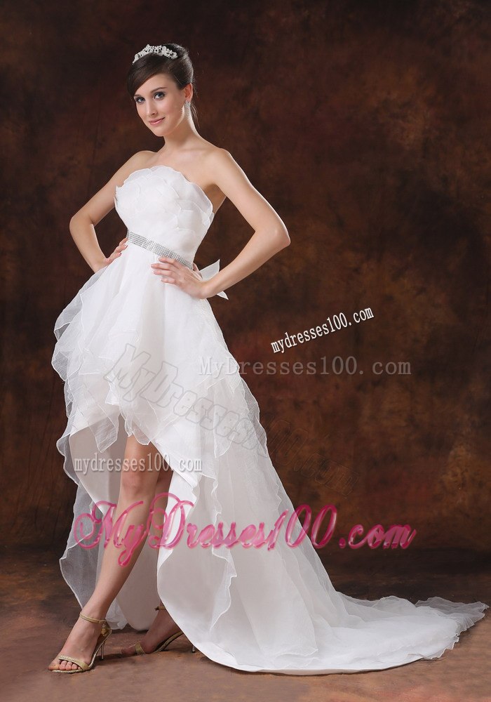 Beaded Decorate Waist Princess Strapless High-low Pretty Wedding Dress