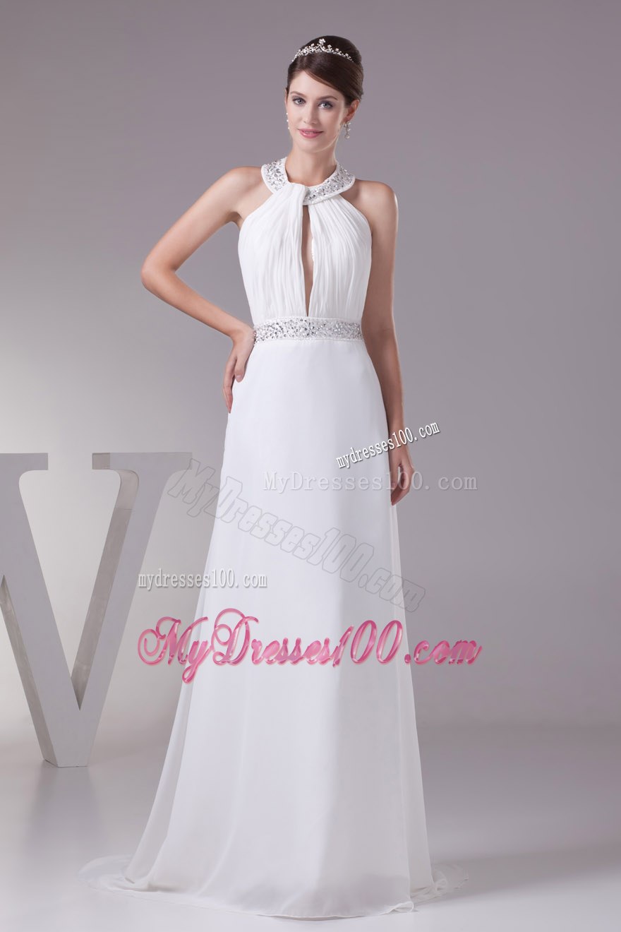 2013 Beaded Halter Top Empire Wedding Dress With Sweep Train