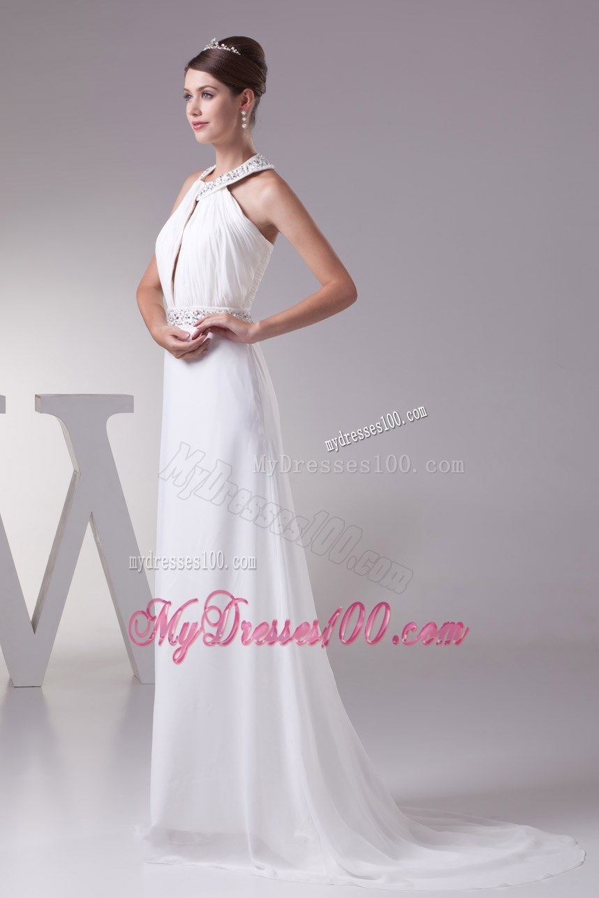 2013 Beaded Halter Top Empire Wedding Dress With Sweep Train