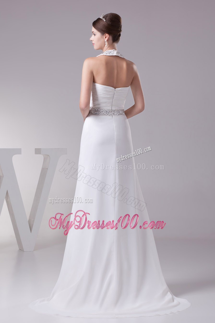 2013 Beaded Halter Top Empire Wedding Dress With Sweep Train