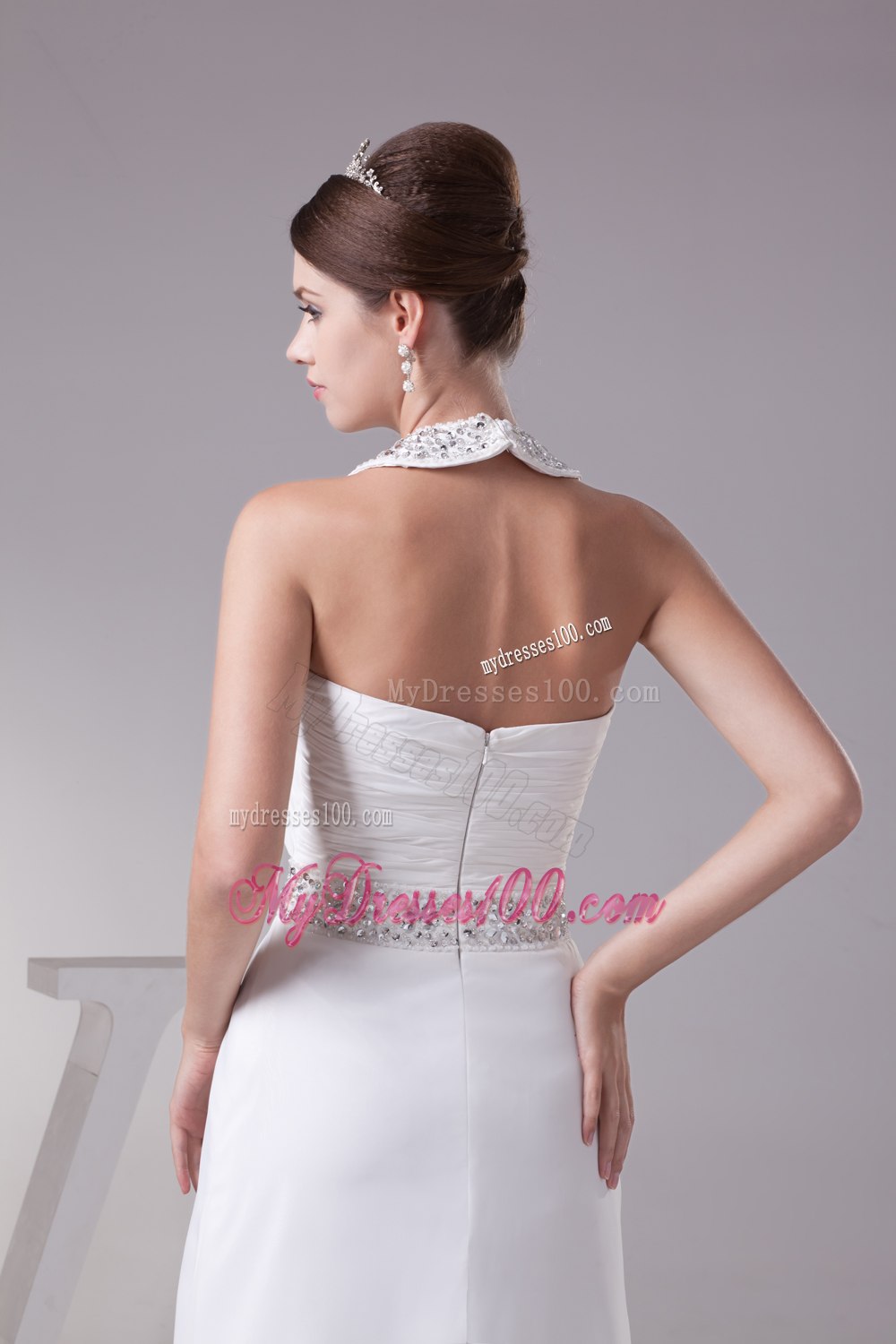 2013 Beaded Halter Top Empire Wedding Dress With Sweep Train