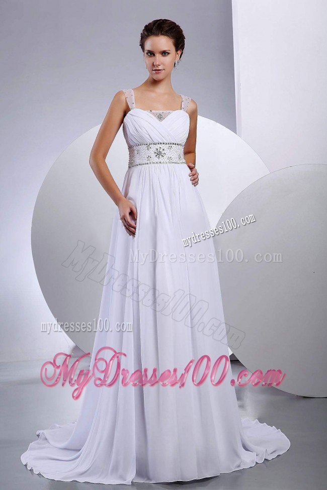 Elegant Beading Princess Straps Court Train Beach Wedding Dress