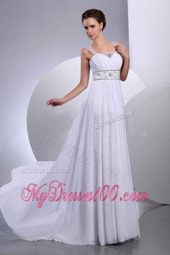 Elegant Beading Princess Straps Court Train Beach Wedding Dress