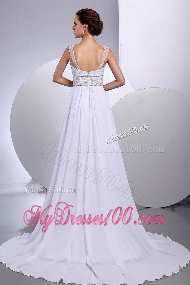 Elegant Beading Princess Straps Court Train Beach Wedding Dress