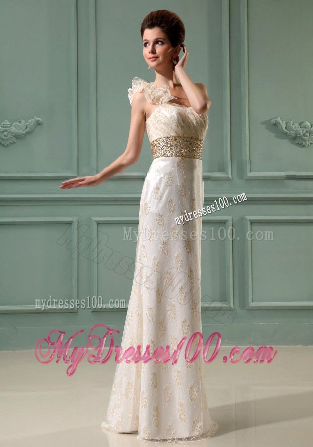 Beading Column One Shoulder Long Wedding Dress with Champagne