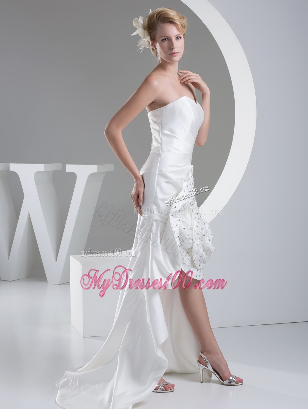Beading Hand Made Flower Sweetheart High-low Wedding Dress