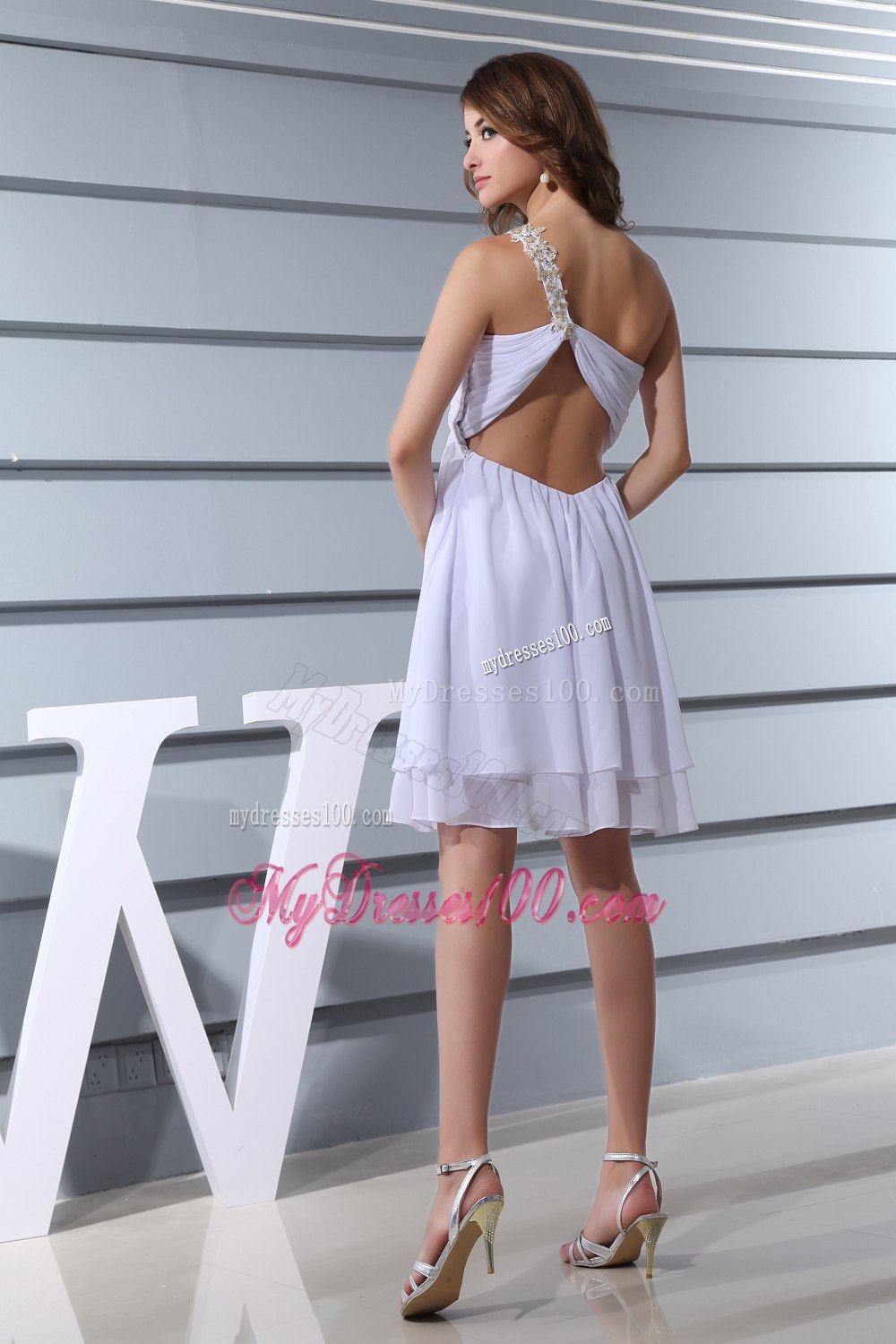 Affordable Beading One Shoulder Knee-length Outdoor Wedding Dress