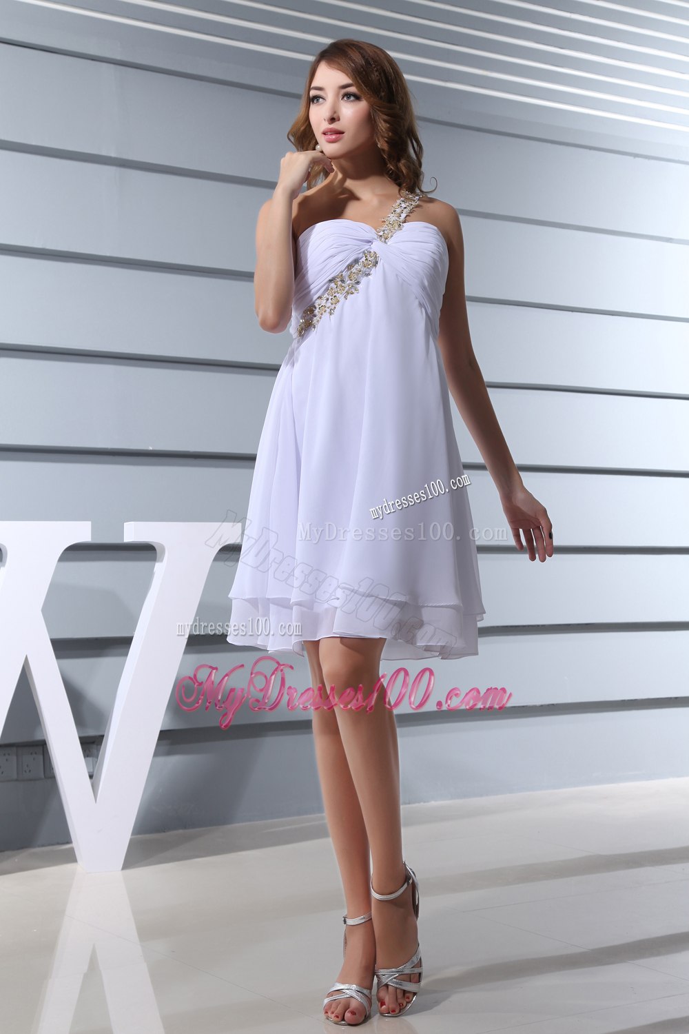 Affordable Beading One Shoulder Knee-length Outdoor Wedding Dress