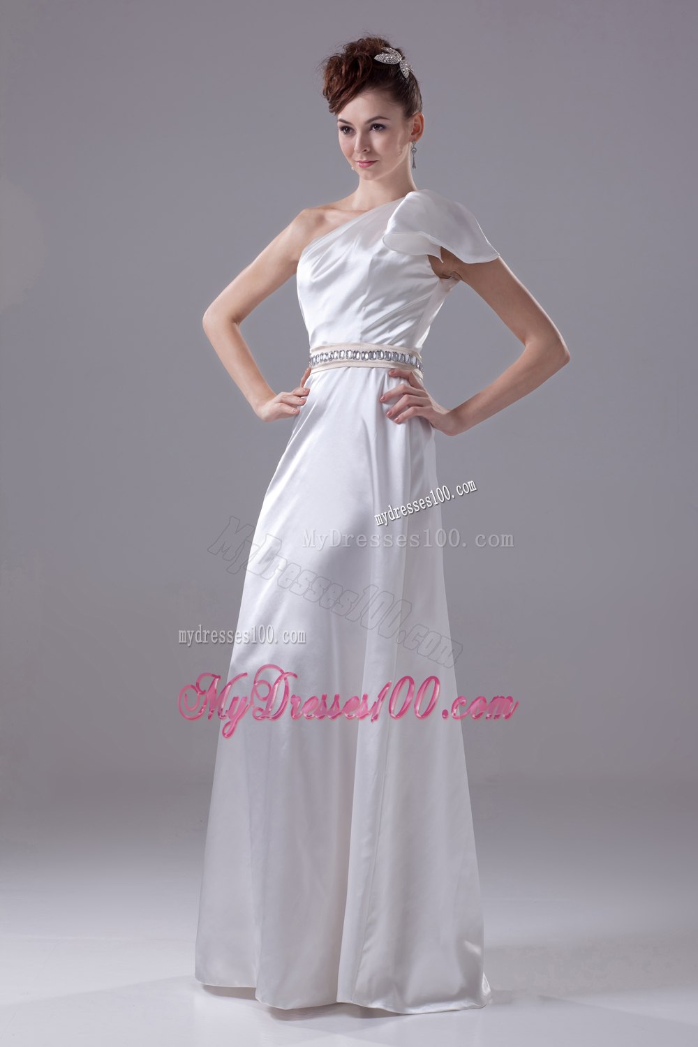 Beading One Shoulder Long Column Wedding Dress