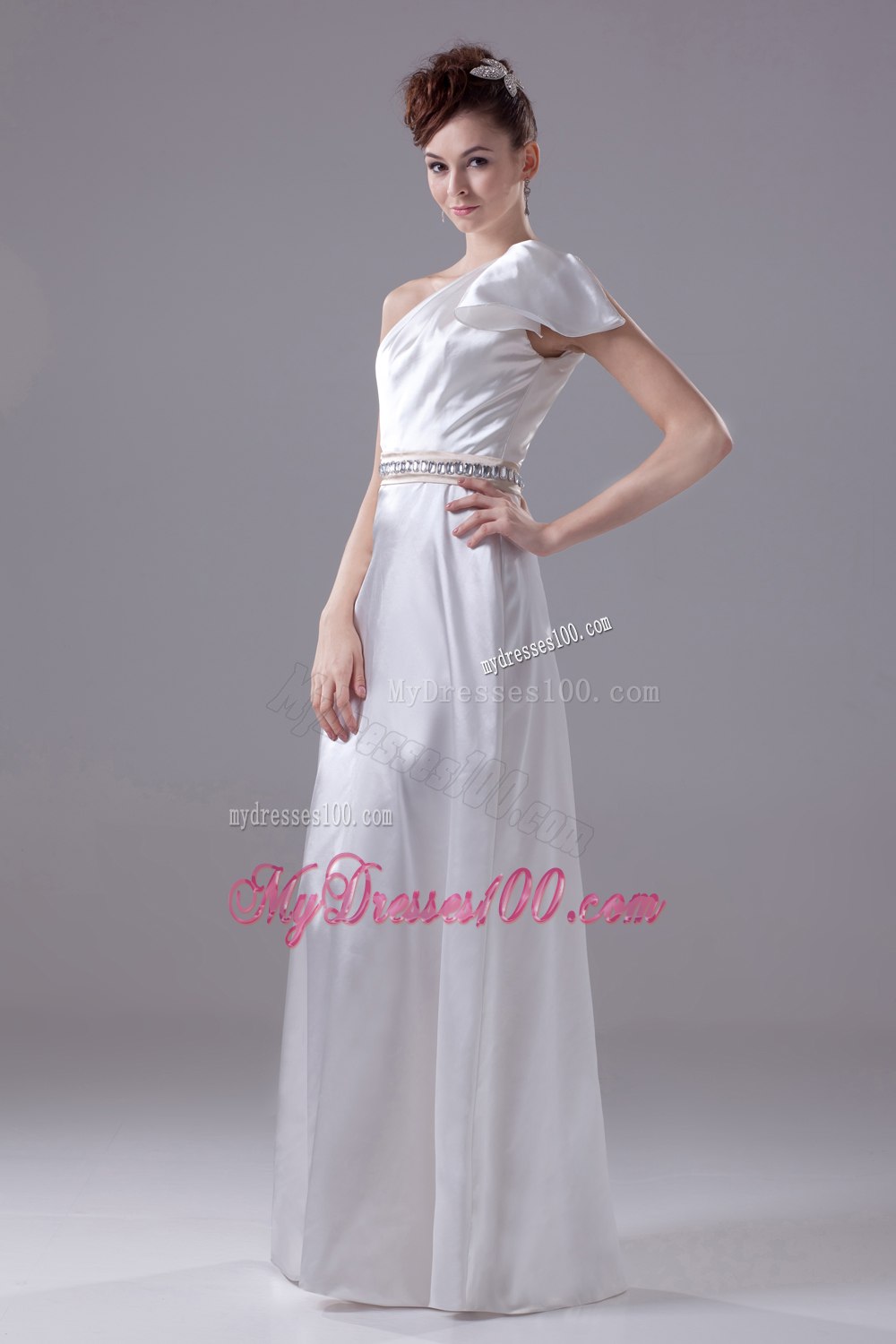 Beading One Shoulder Long Column Wedding Dress