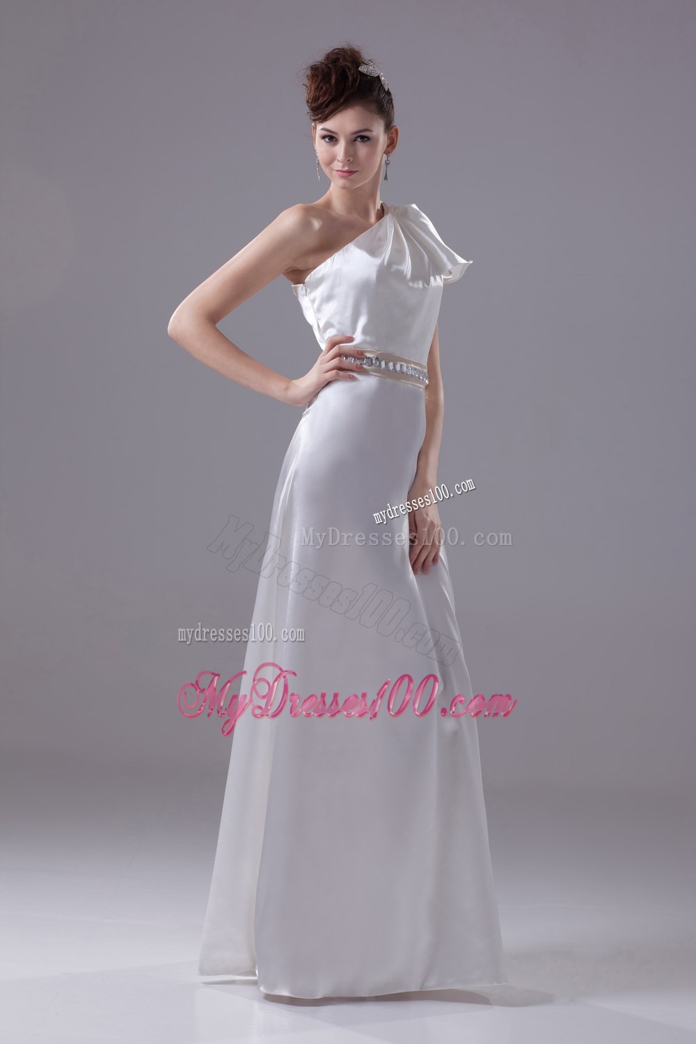 Beading One Shoulder Long Column Wedding Dress