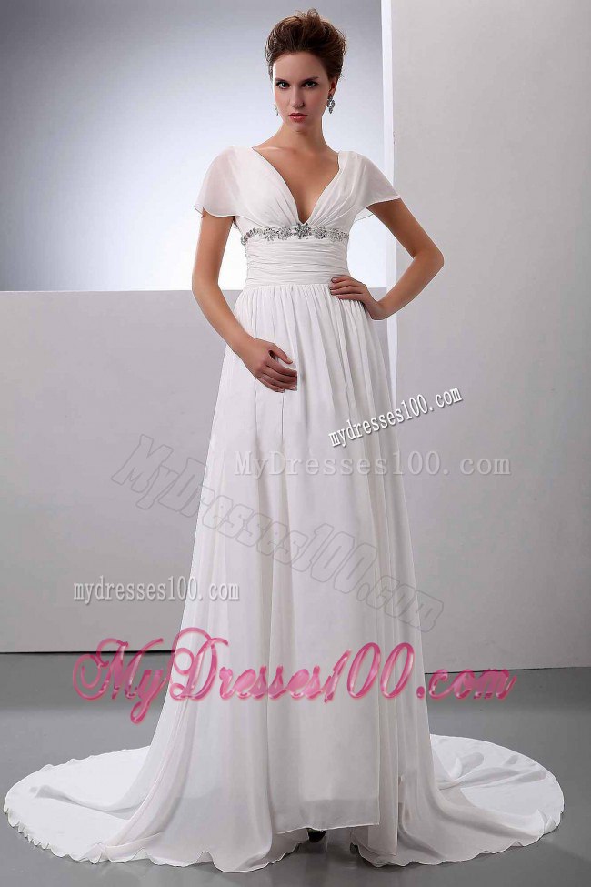 Beading Empire V-Neck Court Train Wedding Dress with Short Sleeves