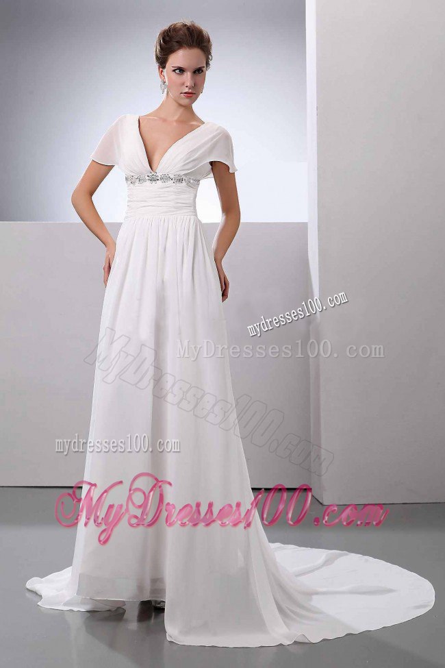 Beading Empire V-Neck Court Train Wedding Dress with Short Sleeves